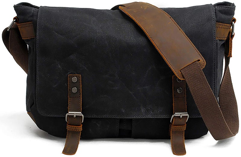 HuaChen Men's Messenger Bag 15.6 Inch Laptop Computer Briefcase, Water-Resistant Waxed Canvas & Genuine Leather Vintage Satchel, Shoulder Crossbody for Business College Commute - M49 Black - Image 1